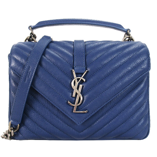 YSL MONOGRAM系列復古金屬LOGO羊皮學院手提/肩背包(中/蔚藍)