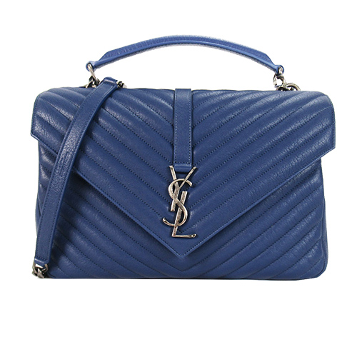 YSL MONOGRAM系列復古金屬LOGO羊皮學院手提/肩背包(大/蔚藍)