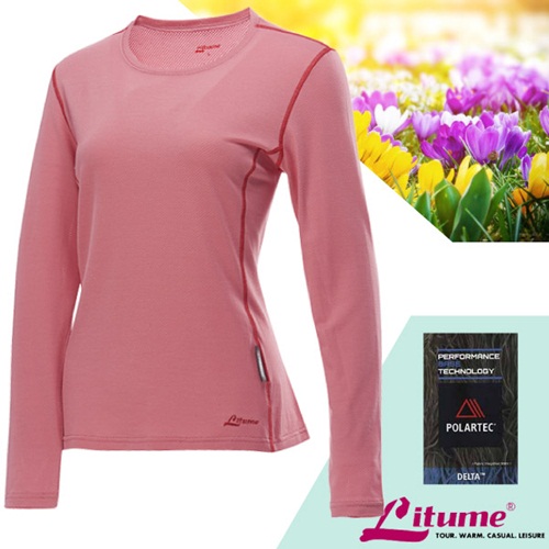 【意都美 Litume】女新款 吸濕排汗快乾長袖休閒T恤.圓領衫.運動上衣/Polartec Delta乾爽高透氣.銀纖維抗菌防臭/PT007S 粉紅