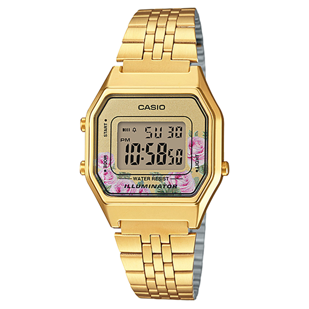 CASIO 卡西歐 電子女錶 不鏽鋼錶帶 玫瑰花樣 防水 碼錶功能 全自動月曆 LA680WGA-4C