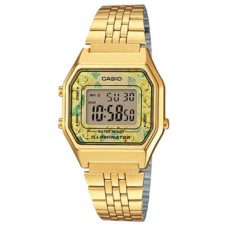 CASIO 卡西歐  電子女錶 不鏽鋼錶帶 玫瑰花樣 防水 碼錶功能 全自動月曆 LA680WGA-9C