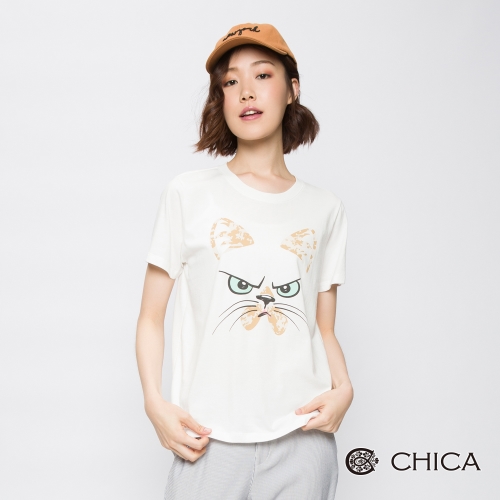 CHICA 搖滾靈魂貓臉圖騰設計上衣(3色)