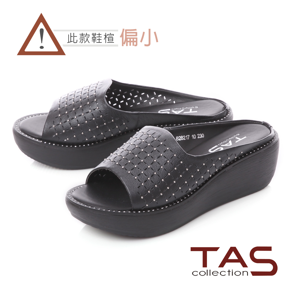 TAS鉚釘一字寬版牛皮打洞厚底拖鞋-低調黑