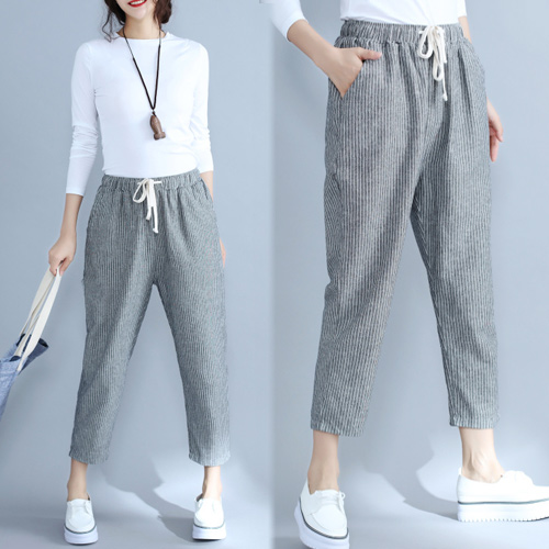 SCL南加州
棉麻條紋九分哈倫褲