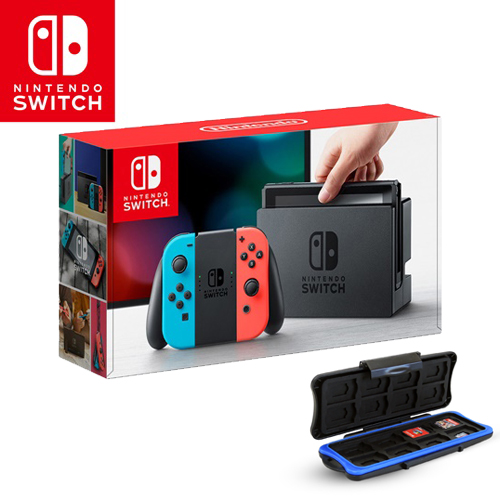 任天堂 Switch主機 電光藍&紅(台灣公司貨)+Switch 遊戲片/記憶卡防潑水收納盒-16片(005)