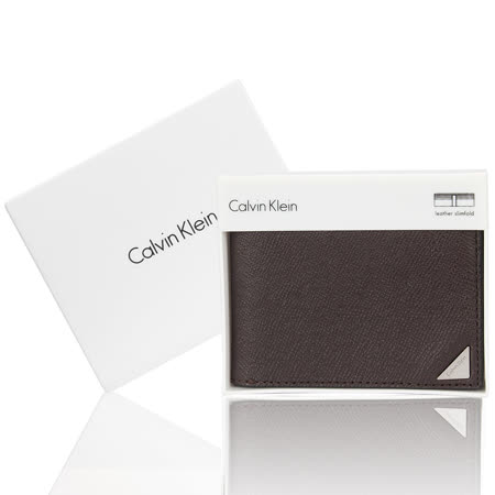 Calvin Klein CK 鐵牌LOGO防刮皮革短夾禮盒-深咖啡