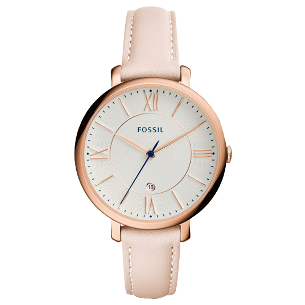 FOSSIL 氣質石英女錶 皮革錶帶 白色波紋錶面 防水 日期顯示 ES3988
