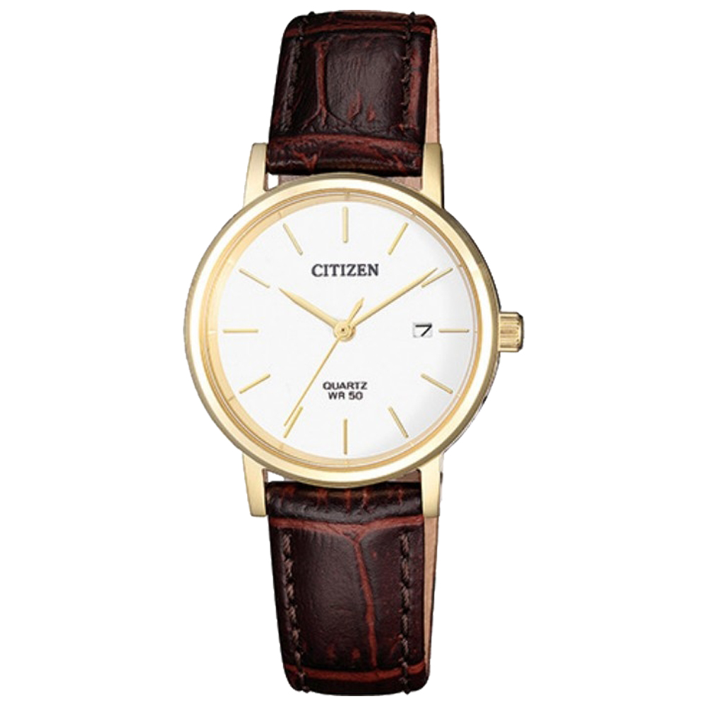 CITIZEN 星辰 石英指針女錶 皮革錶帶 白色錶面 防水50米 日期顯示 EU6092-08A