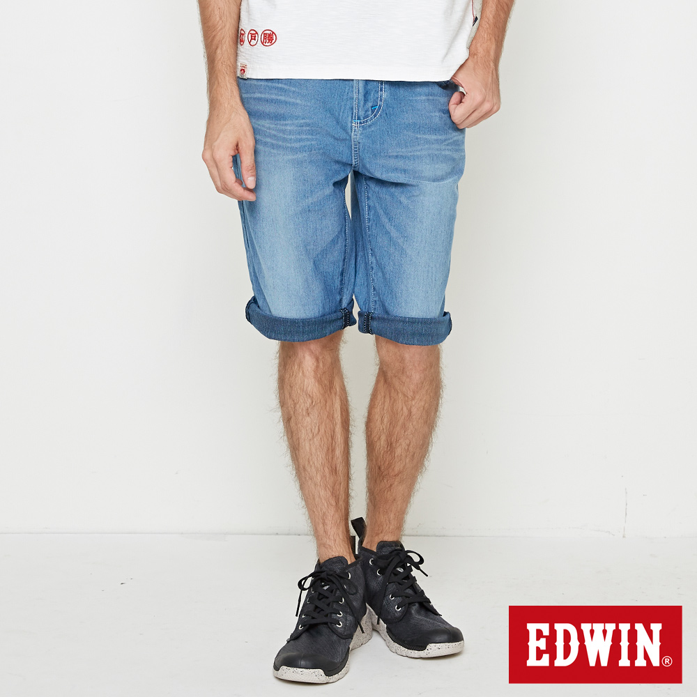 EDWIN JERSEYS 加大碼迦績 印花羅紋牛仔短褲-男款 石洗藍