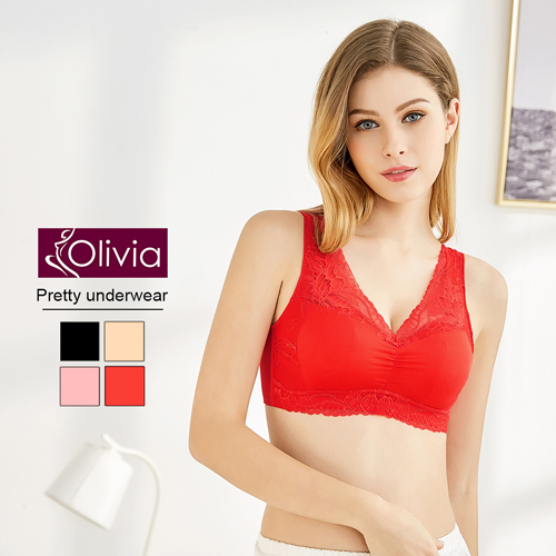 【Olivia】無鋼圈大尺碼雙層拉提蕾絲舒適睡眠內衣(紅色)