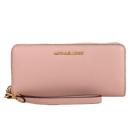 MICHAEL KORS- 金字LOGO 荔枝紋附掛帶拉鍊長夾(粉)