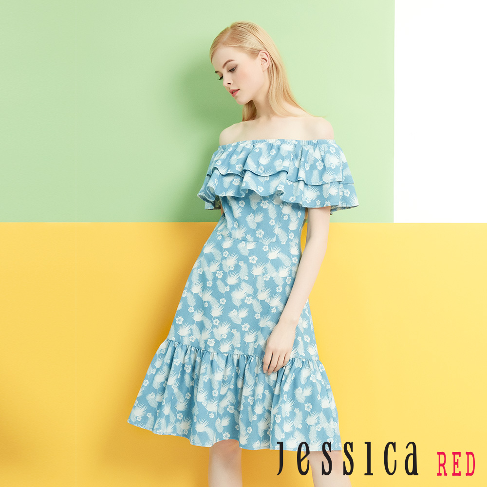 JESSICA RED - 一字領荷葉單寧碎花洋裝