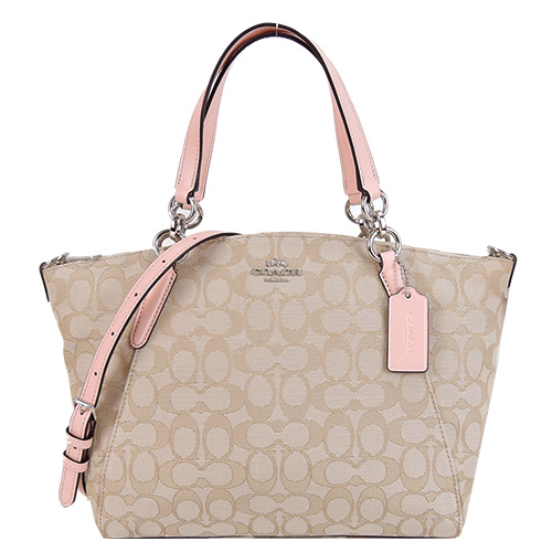 COACH 馬車LOGO緹花布手提/斜背二用包(中款/卡其粉紅)