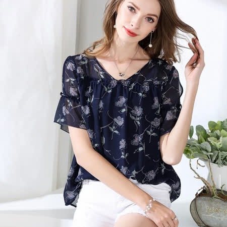 【麗質達人】6203寶藍色印花上衣(M-5XL)