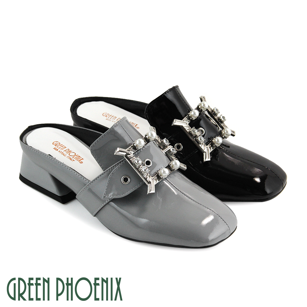 【GREEN PHOENIX】國際精品方形金屬裝飾水鑽珍珠義大利漆皮粗跟穆勒鞋