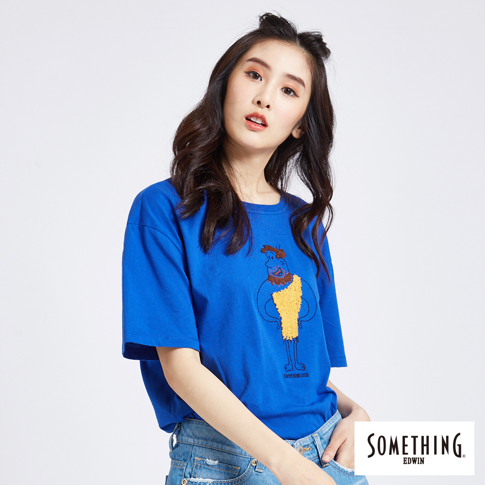 SOMETHING 摩登人刺繡圓領T恤-女-藍色