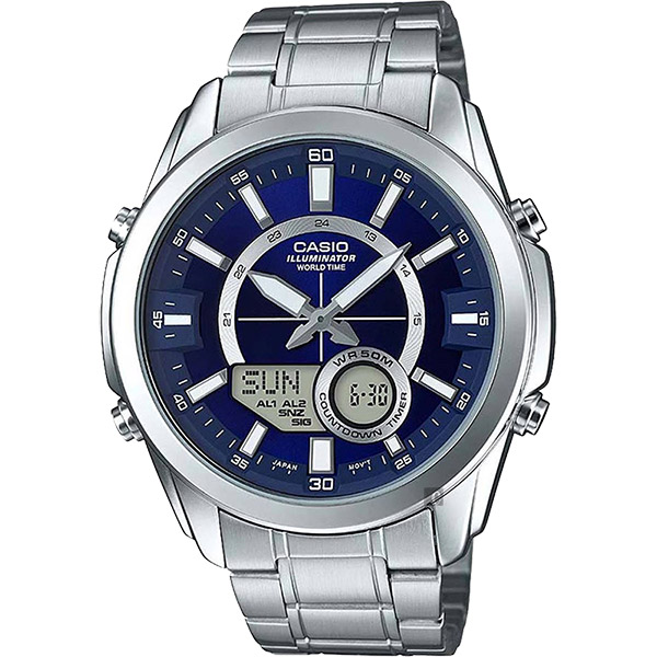 CASIO 卡西歐 10年電力 世界時間雙顯手錶-藍x銀 AMW-810D-2AVDF / AMW-810D-2A