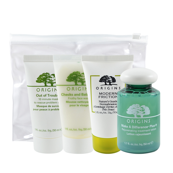 Origins 品木宣言 經典保養四件組- 一舉兩得潔面慕斯30ml+執米不悔天然微晶煥膚霜30ml+奇蹟抗痘面膜30ml+扭轉乾坤賦活保濕美肌水50ml