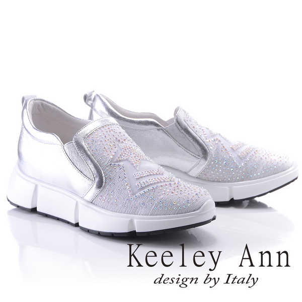 Keeley Ann個性玩酷~水鑽星星造型網紗真皮厚底休閒鞋(銀色826777627-Ann系列)