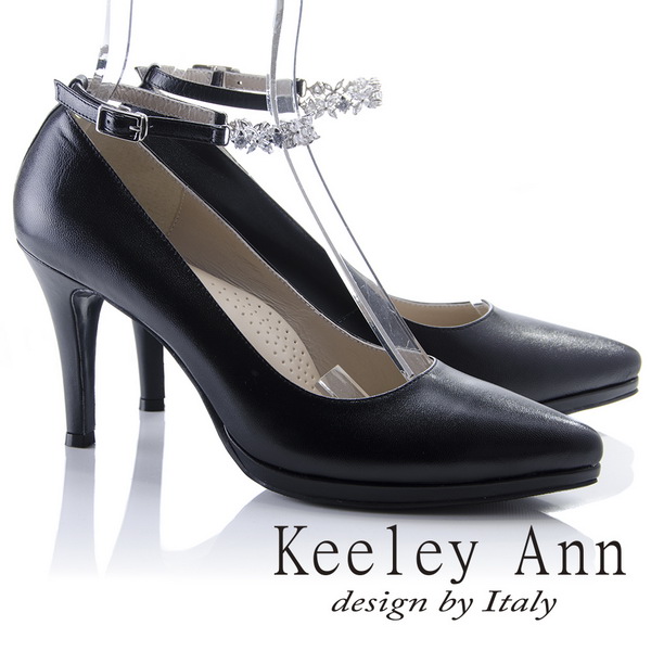 Keeley Ann獨立性格~雅緻晶鑽腳踝釦素色真皮尖頭高跟鞋(黑色835093110)