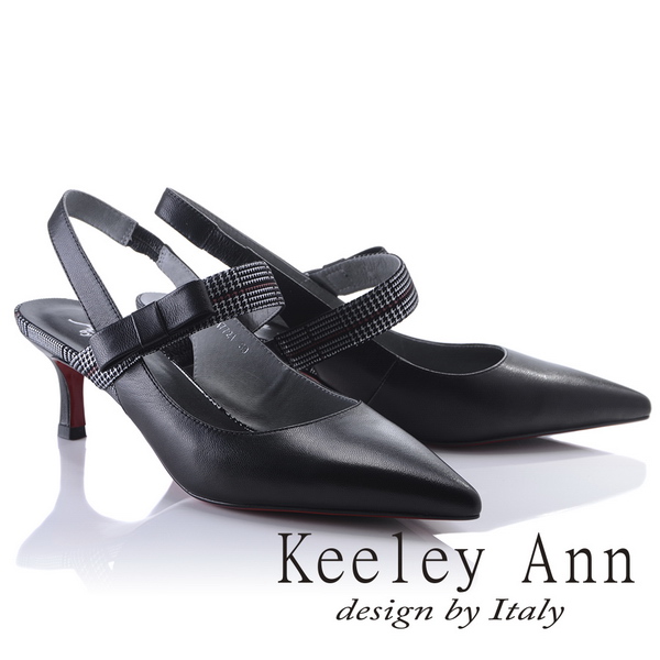 Keeley Ann氣質百搭~經典格紋蝴蝶結鬆緊帶真皮中跟女巫鞋(黑色824772110-Ann系列)