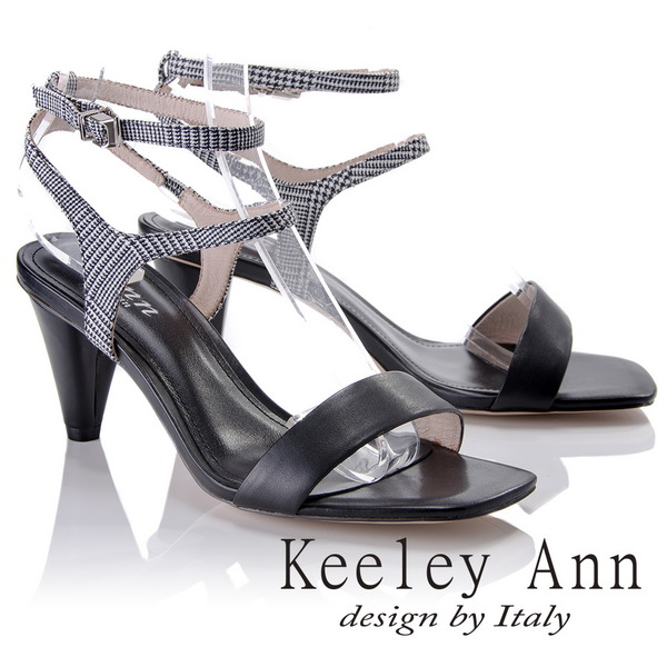 Keeley Ann摩登時尚~格紋雙腳踝帶真皮軟墊高跟涼鞋(黑色822687310-Ann系列)