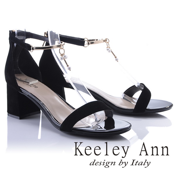 Keeley Ann宴會名媛~優雅垂墜珍珠飾釦真皮中跟涼鞋(黑色822847310-Ann系列)