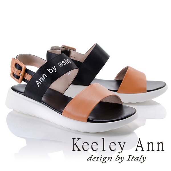 Keeley Ann韓式風潮~雙色寬帶英文字樣平底涼鞋(棕色822687125-Ann系列)