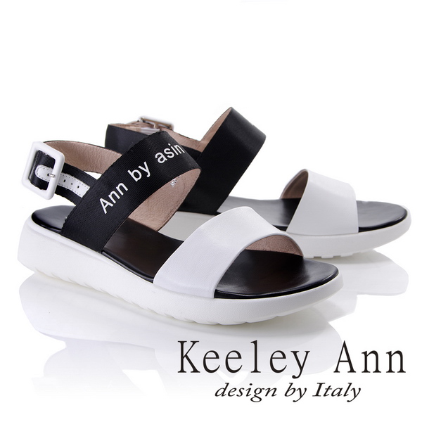 Keeley Ann韓式風潮~雙色寬帶英文字樣平底涼鞋(白色822687140-Ann系列)