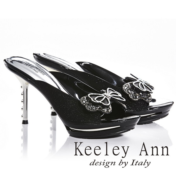 Keeley Ann閃爍動人~性感微透膚精緻亮片蝴蝶結造型高跟拖鞋(黑色831058110)
