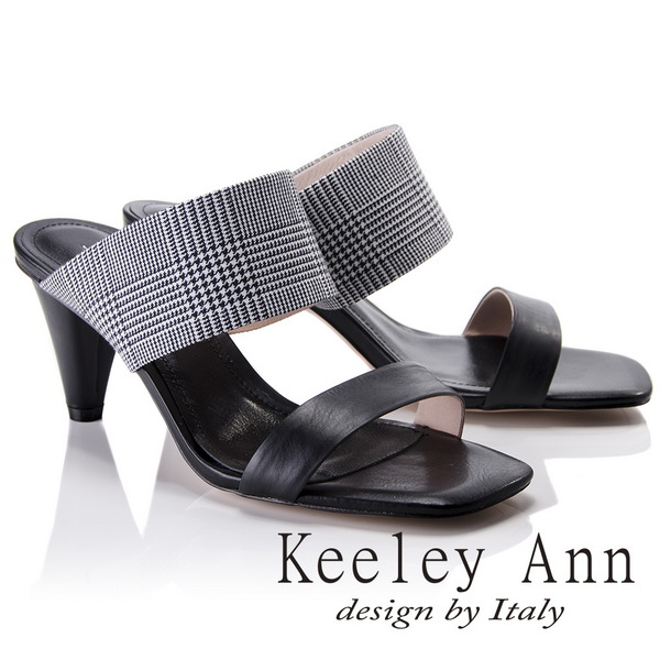Keeley Ann簡約美感~千鳥格紋寬帶高真皮軟墊跟拖鞋(黑色821687210-Ann系列)