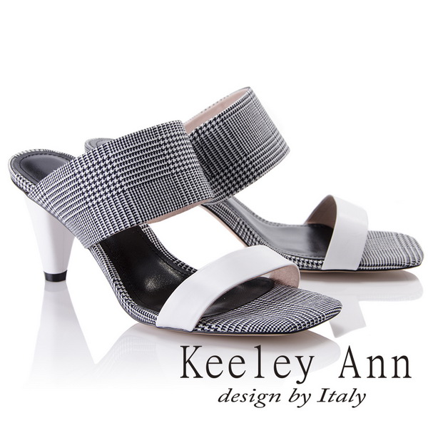 Keeley Ann簡約美感~千鳥格紋寬帶高真皮軟墊跟拖鞋(白色821687240-Ann系列)