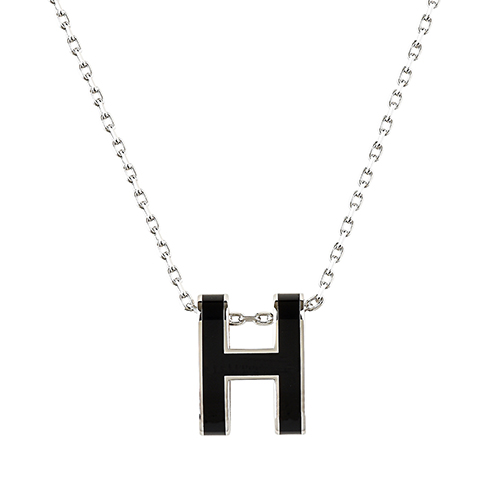 HERMES愛馬仕經典POP系列H字母立體簍空橢圓LOGO鎖骨項鍊(黑X銀)