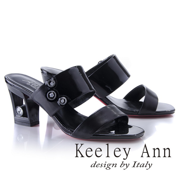 Keeley Ann漆皮質感~俐落個性金屬飾釦真皮粗跟拖鞋(黑色821932610-Ann系列)