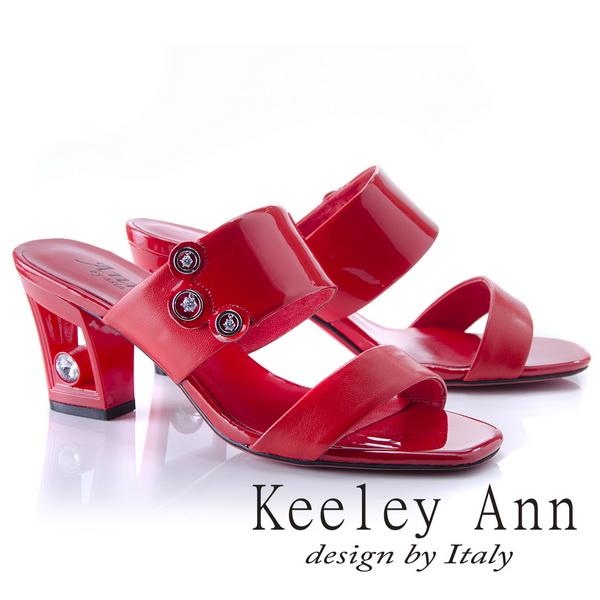 Keeley Ann漆皮質感~俐落個性金屬飾釦真皮粗跟拖鞋(紅色821932650-Ann系列)