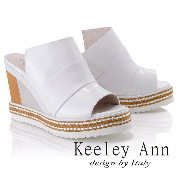 Keeley Ann漆皮質感~拼接寬帶風編織滾邊真皮楔形拖鞋(白色821542140-Ann系列)