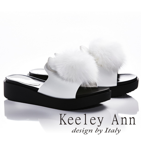 Keeley Ann俏皮甜美~毛絨兔耳造型厚底拖鞋(白色821772240-Ann系列)
