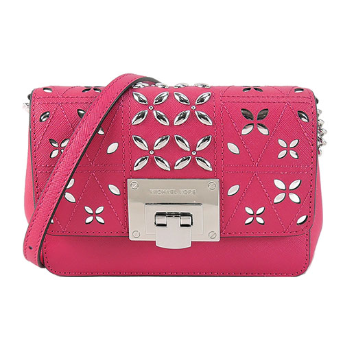 MICHAEL KORS TINA鉚釘花飾鍊帶手拿斜背包(小-桃)