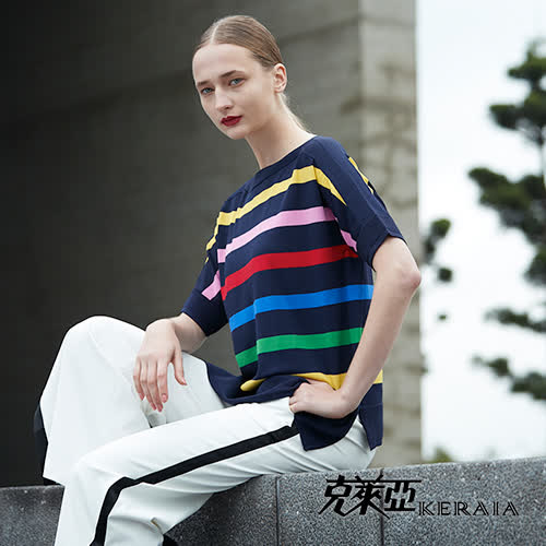 【克萊亞KERAIA】繽紛橫彩條織紋針織上衣