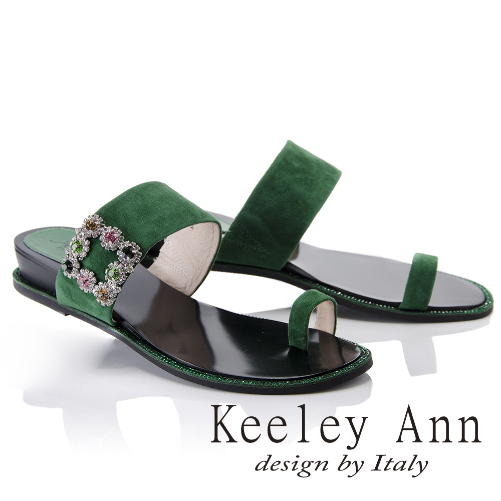 Keeley Ann春意盎然~綠野仙蹤鑽石花朵全真皮夾腳拖鞋(綠色821687102-Ann系列)