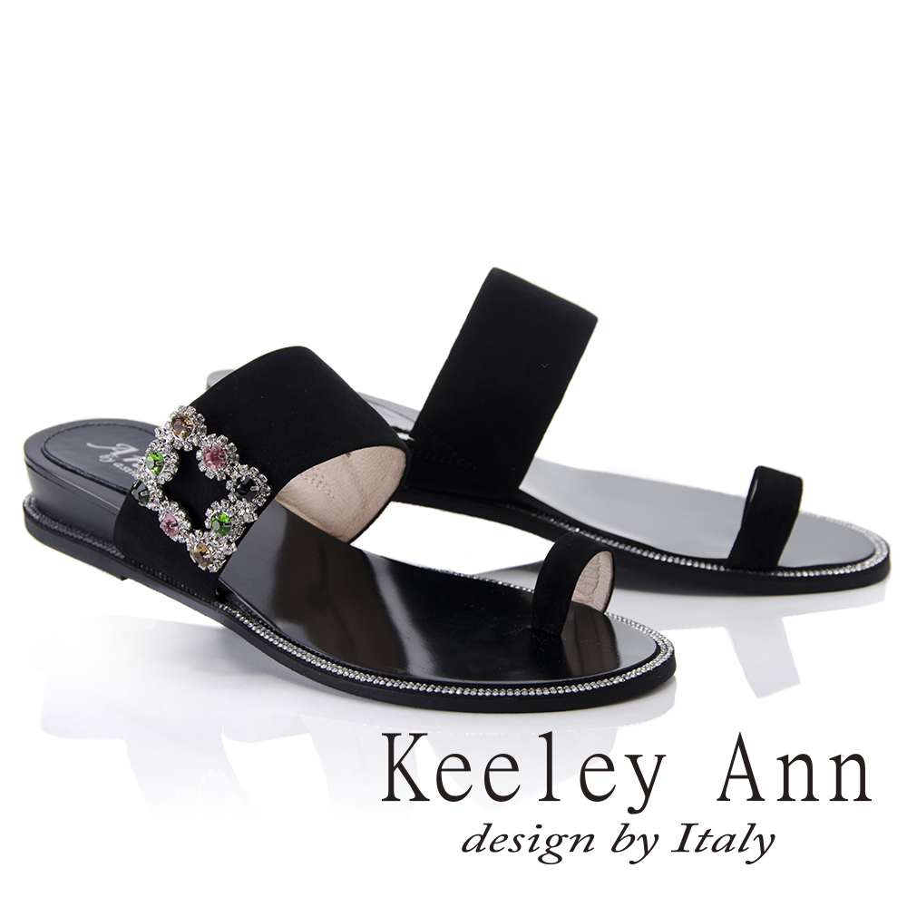 Keeley Ann春意盎然~綠野仙蹤鑽石花朵全真皮夾腳拖鞋(黑色821687110-Ann系列)