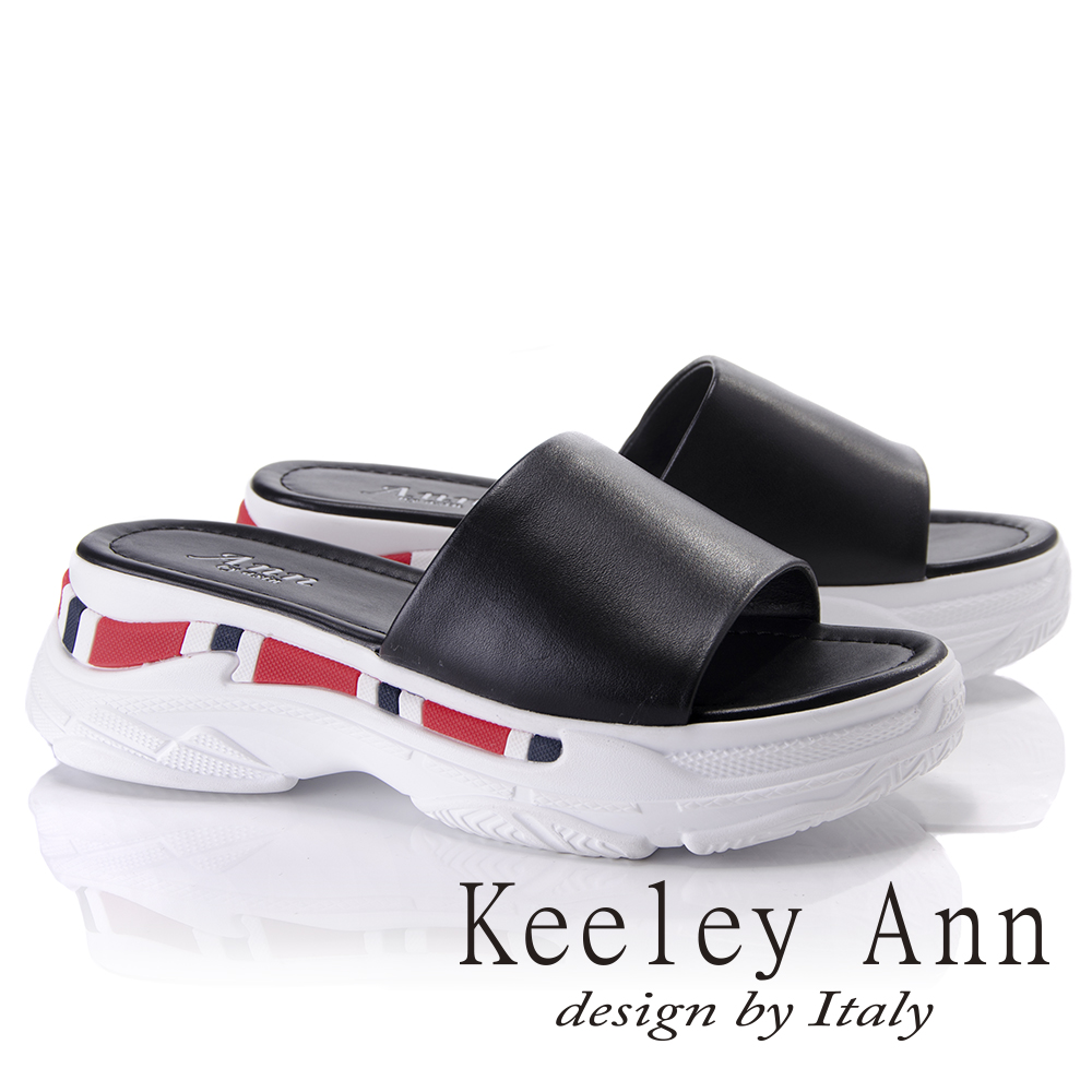 Keeley Ann個性玩酷~潮流運動造型真皮厚底拖鞋(黑色821772310-Ann系列)