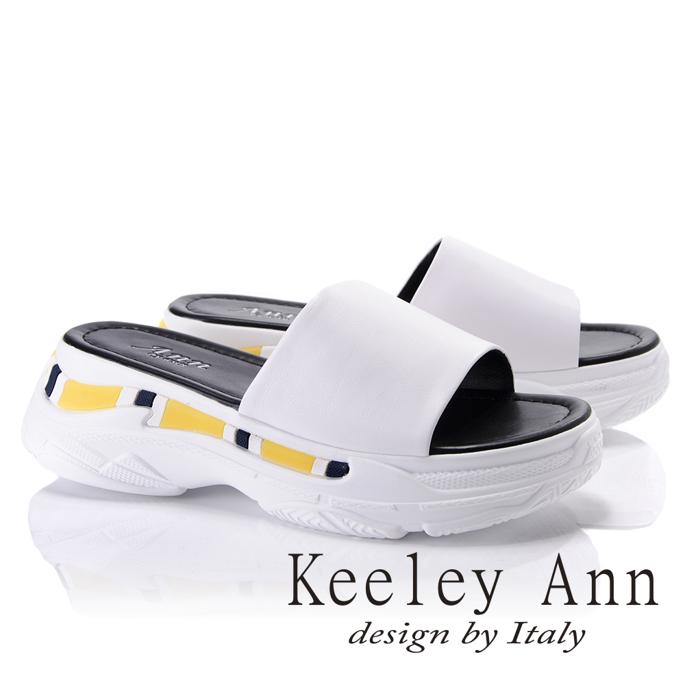 Keeley Ann個性玩酷~潮流運動造型真皮厚底拖鞋(白色821772340-Ann系列)