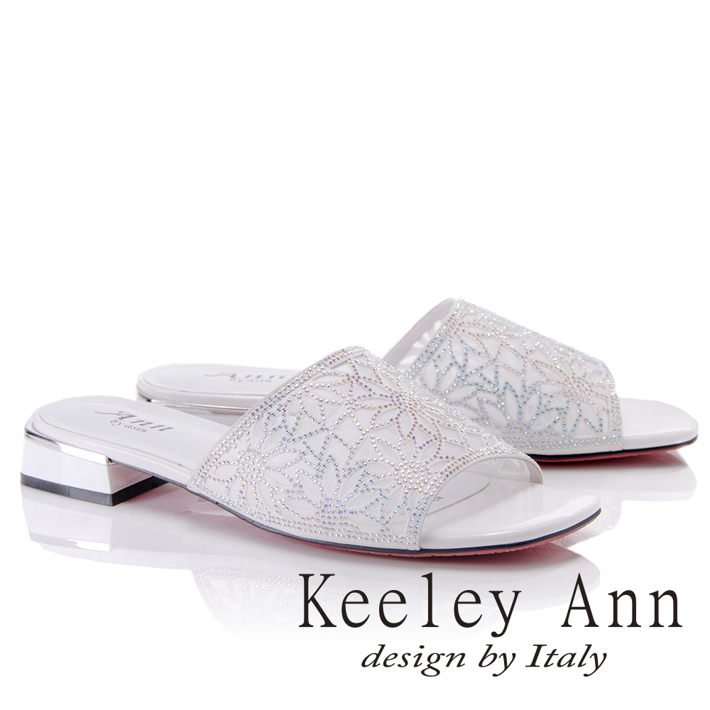 Keeley Ann高貴典雅~紗網碎鑽一字低跟拖鞋(白色821932740-Ann系列)