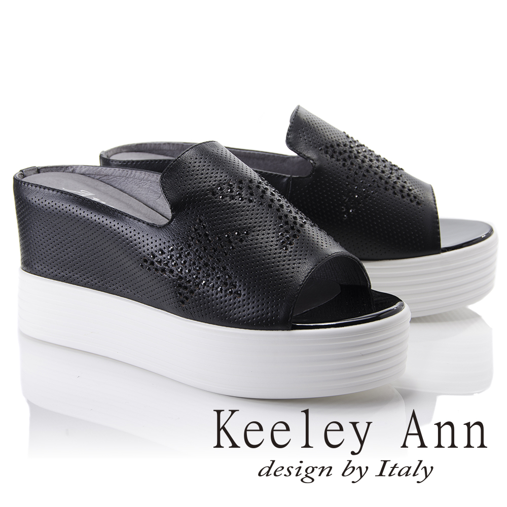 Keeley Ann簡約美學~全真皮星星水鑽厚底拖鞋(黑色821972110-Ann系列)
