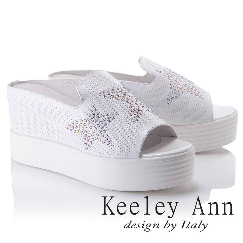 Keeley Ann簡約美學~全真皮星星水鑽厚底拖鞋(白色821972140-Ann系列)