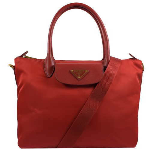 PRADA 經典三角LOGO尼龍帆布手提斜背兩用包.紅