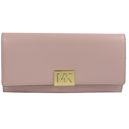 MICHAEL KORS MINDY方形MK全牛皮扣式長夾.櫻花粉