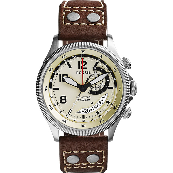 FOSSIL Recruiter GMT 飛行家時尚腕錶-米色x咖啡/43mm FS5043