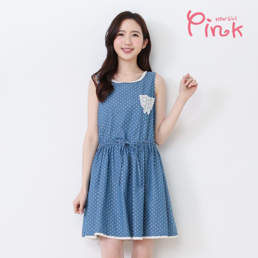 Pink*點點無袖綁帶洋裝